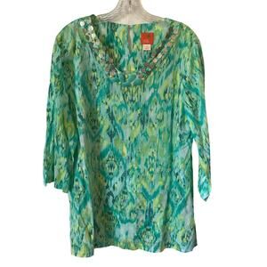 Hearts of Palm Womens Blouse Top Tunic Tropical Ikat Green Aqua Resort Size 14